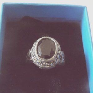 Vintage 90s Artisan Crafted Brown Smokey Quartz and Marcasite Ring Size  7